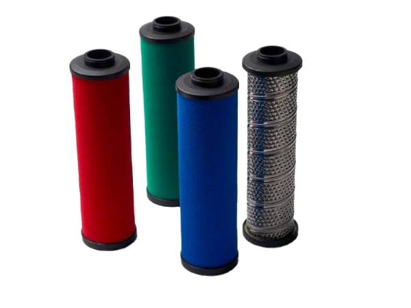 Four different colors and filtration fineness air compressor line filter cartridge on gray background.