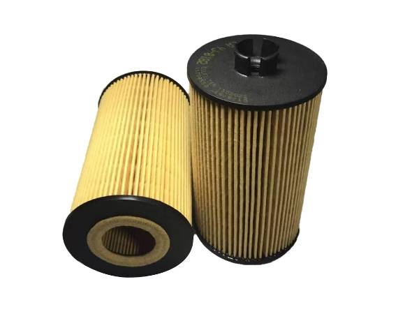 Two excavator filter elements on gray background.