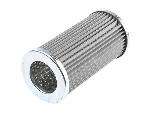 A stainless steel hydraulic oil filter element shows the details.