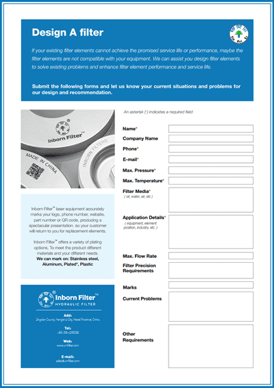 A filter element design form.